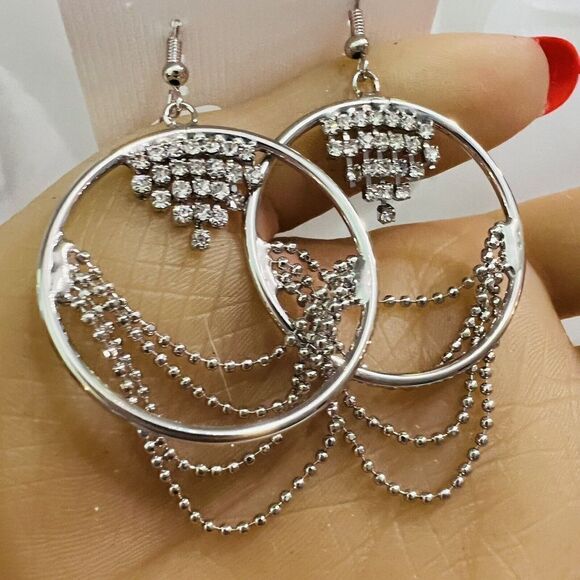 Rhinestone Dangle Earrings Drop Pierced Silver Tone Circle Bead Chains 2.5” - Picture 2 of 8